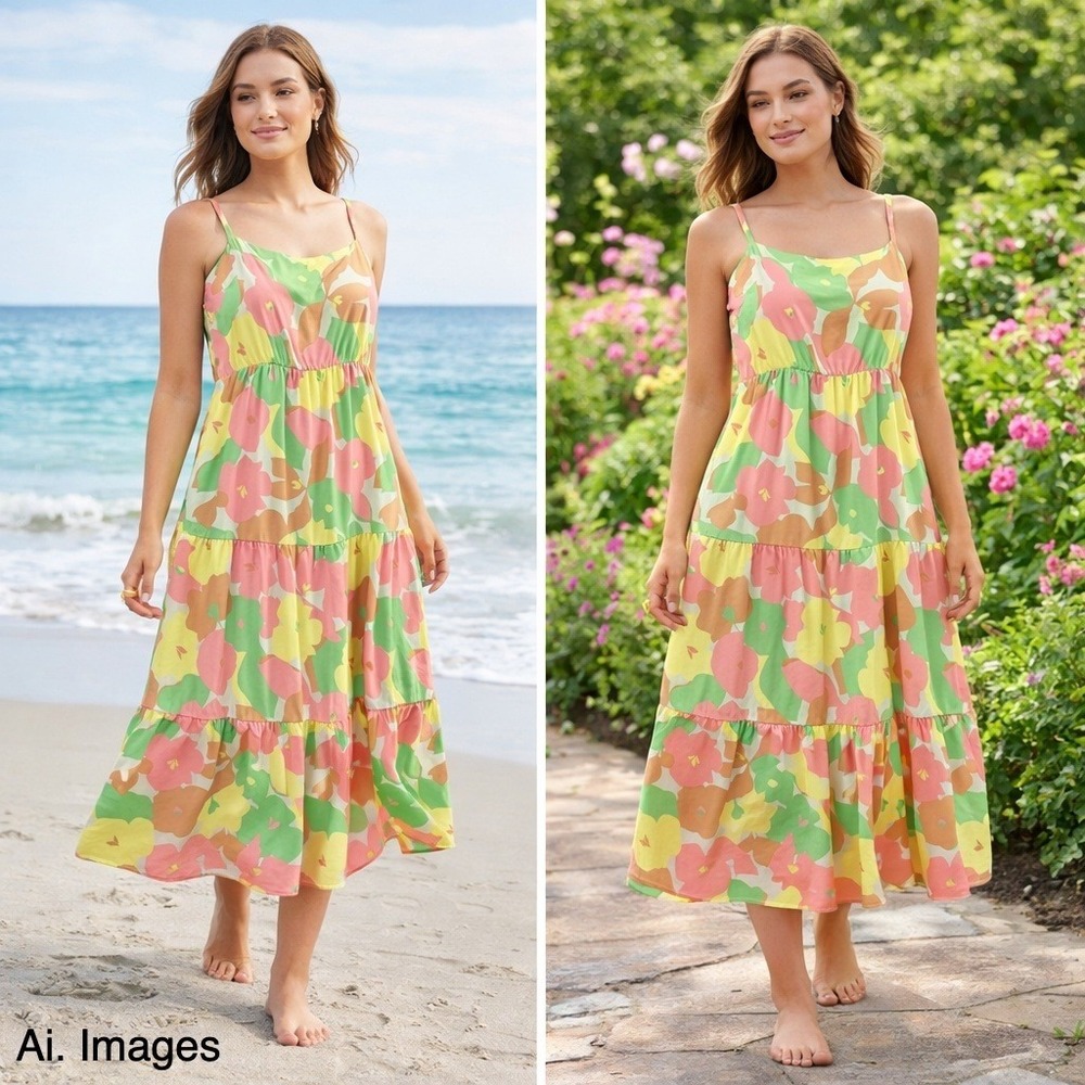 Floral Tiered Midi Sundress Smocked Back Boho Summer Beach Dress Lg Cruise Flowy